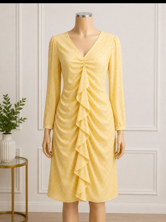 Mod x Dresses & Skirts - VNT Mod X yellow Elegant Polka dot Ruched ruffle Midi dress women's Size Large